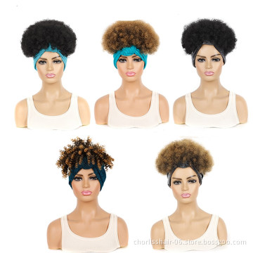 Wholesale Ombre Cheap Turban Afro Wig Afro Wig Short Heat Resistant Kinky Curly Synthetic Wig With Headband Attached For Women